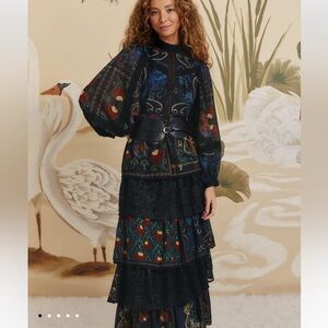 FARM Rio Black Floral Tiered Maxi Dress with Puff Sleeves medium M new with tags